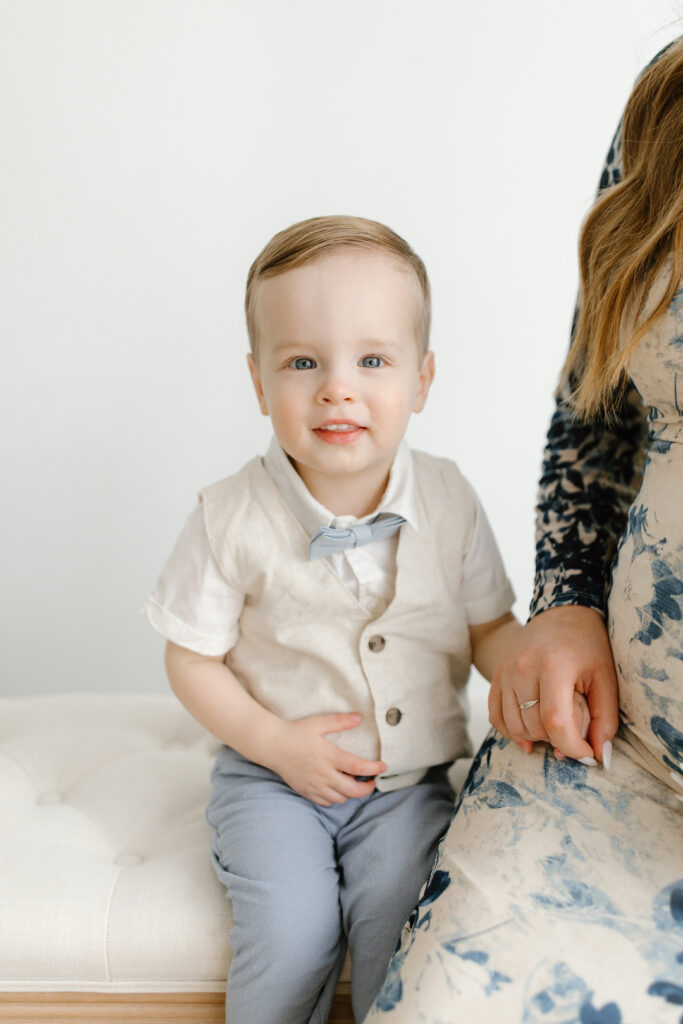 Little boy smiling towards camera during Mother's Day Mini Session in Indianapolis