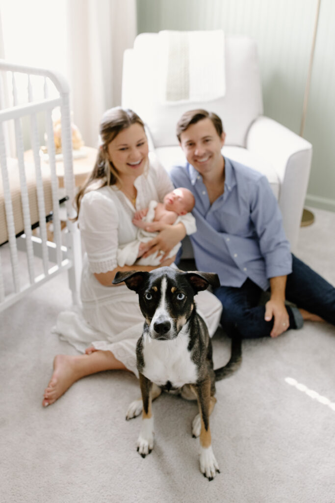 dog in focus sitting in front of parents on the ground